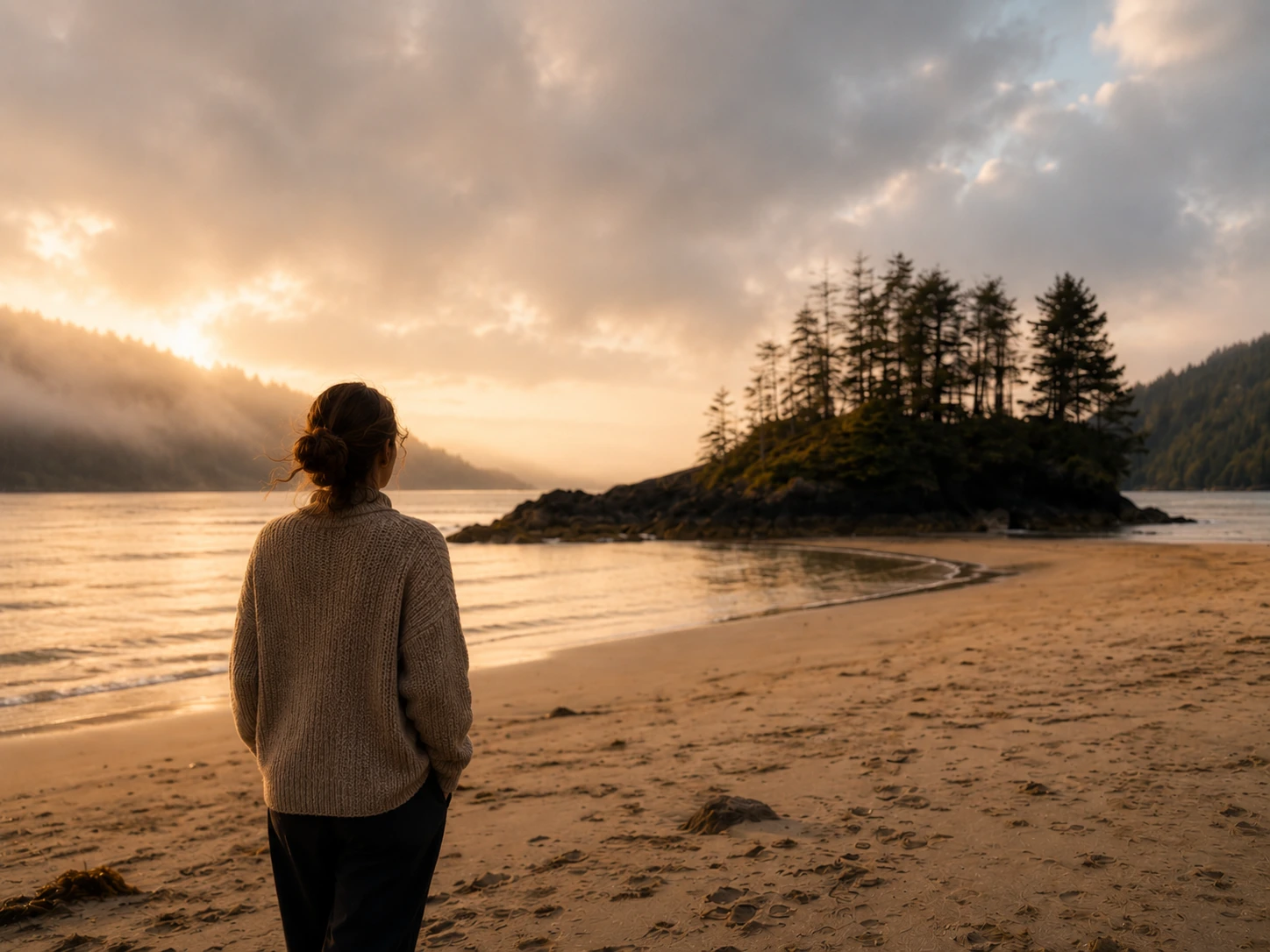 A quiet coastal beach and wooded island at golden hour, expressing the warm contemporary romance world of Sunset Ink.